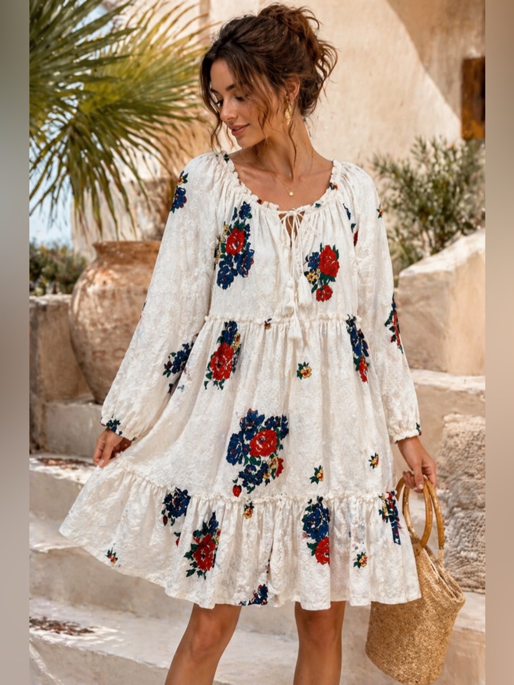 Tory Burch Boho Cottagecore Floral Embroidered Tiered Tunic Dress Petite Small